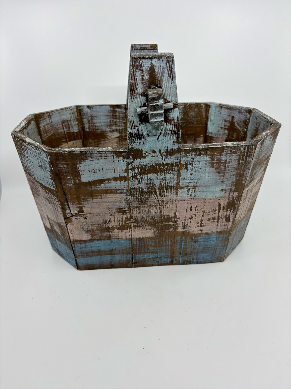 Rustic Distressed Wood Basket with Handle - Blue, Pink & Brown, 10”x13”x7”